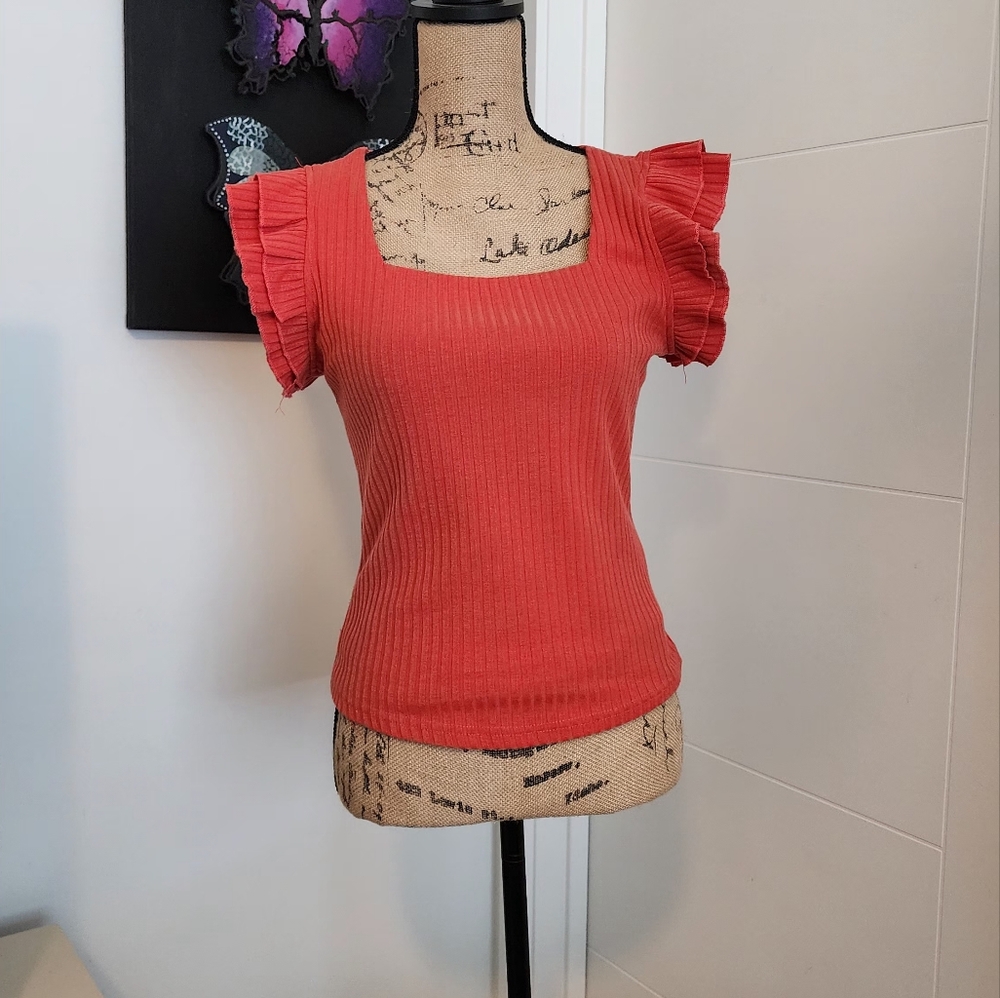 Chic Coral Ruffle Sleeve Top